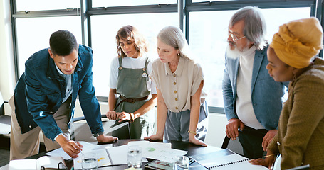 Image showing Business people, tablet and teamwork for planning, strategy and ideas by desk in modern office for goal. Corporate group, digital tech and finance team for brainstorming, vision or target in New York