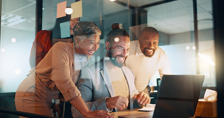 Image showing Collaboration, success and a business team cheering together in their office while working on a laptop. Computer, teamwork and celebration with a man and woman employee group saying yes or wow