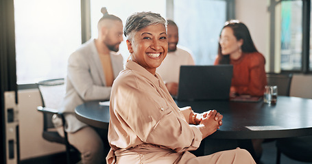 Image showing Happy woman, portrait and business meeting with team, management and staff in office for workshop, partnership and startup success. Smile, motivation and mature manager in collaboration with workers