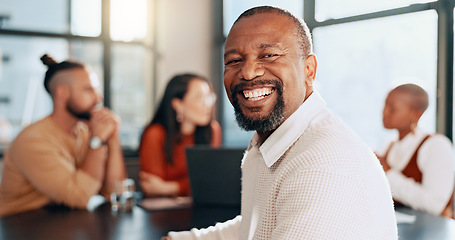 Image showing Happy black man, portrait and business meeting with office teamwork, management and workflow support for startup success. Smile, motivation and mature leadership, manager or collaboration in workshop