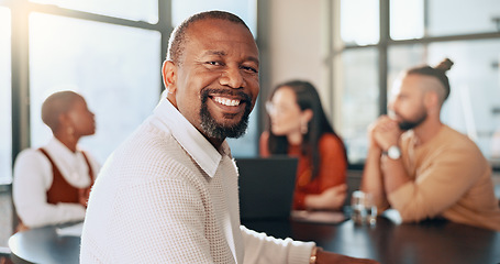 Image showing Happy black man, portrait and business meeting with office teamwork, management and workflow support for startup success. Smile, motivation and mature leadership, manager or collaboration in workshop