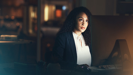 Image showing Office, night and black woman on computer for business project, management report and online document. Corporate manager, overtime and female worker working on strategy, planning and website research