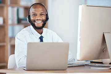 Image showing Black man, call center portrait and smile by laptop for tech support, communication or crm goals. Telemarketing expert, contact us and computer at help desk for customer service in office for success