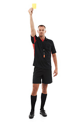 Image showing Sports referee, man and yellow card warning for soccer rules, penalty or fail in studio. Fitness coach color sign for mistake, caution or flag for competition game isolated on a white background