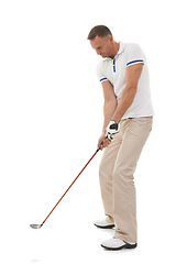 Image showing Golf man, sports and swing of driver in studio isolated on a white background ready to start game. Training, golfer and mature male swinging club for golfing workout, exercise and fitness practice.