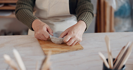 Image showing Clay bowl, woman hands and sculpture in artist studio, workshop and small business of creative product, craft and pottery. Ceramic designer, artisan and creation class, mold form and handmade process