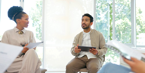 Image showing Businessman, talking or answer hands in diversity workshop, training or feedback on tablet or paper. Collaboration, teamwork or strategy planning question for mentor with technology in review meeting