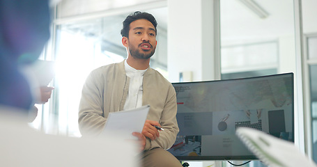 Image showing Talking businessman, mentor or diversity meeting on paper, documents or review in office or training feedback. Speaker, leadership or coaching in workshop, collaboration or teamwork strategy planning