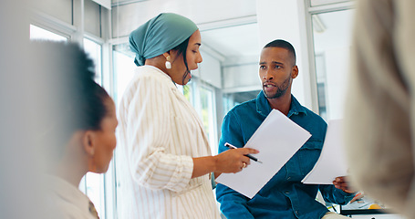 Image showing Business woman, question and mentor in training, workshop or collaboration in diversity growth, target or teamwork goals. Happy speaker, talking and leadership on paper documents for office education