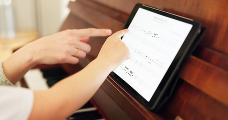 Image showing Girl, piano and tablet with teacher for learning, education or training with tech for music in home. Child, keyboard and mom for development, teaching and theory for art, harmony or time on web