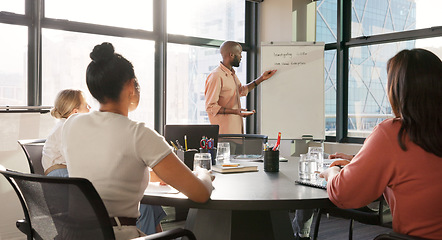 Image showing Business leader, presentation and whiteboard for office meeting with team of employees for planning, briefing and talking strategy for growth. Black man speaker with men and women for agenda training