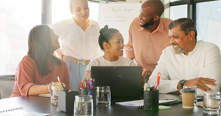 Image showing Business people, laptop and collaboration of team together for a meeting, planning or training with manager or leader in corporate office. Men and women talking about online review, results or search