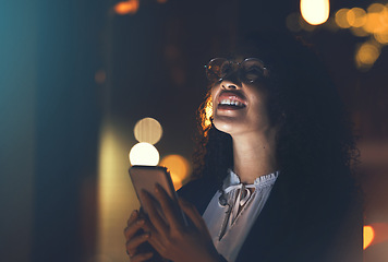 Image showing Idea, gps and woman with phone at night for communication, chat and app in city. 5g connection, location and employee thinking with a mobile for networking, conversation and call in the dark in Spain