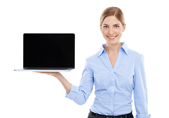 Image showing Portrait, laptop and mockup with a business woman in studio on a white background for advertising a website. Marketing, internet and screen with a female employee holding a computer for display