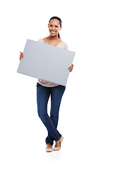 Image showing Black woman, studio portrait and marketing poster with smile, mockup and happy by white background. Isolated woman, mock up billboard and advertising for branding, blank paper board and happiness