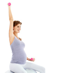 Image showing Exercise, weightlifting and pregnant woman on gym ball for maternity wellness, healthy lifestyle and wellbeing. Sports, pregnancy and female for workout, training and pilates with dumbbells in studio