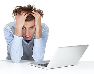 Image showing Stress, headache and businessman on laptop, white background and 404 technology glitch. Tired worker with burnout, computer virus and mistake in studio with anxiety, crisis and confused tax problem