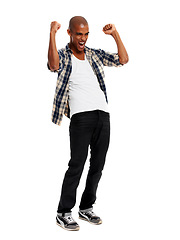 Image showing Black man, excited and cheering for celebration and happiness with guy isolated on white studio background. Young male, gentleman or screaming with joy, winner or success with deal, wow or motivation