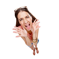 Image showing Portrait, anxiety and stress by woman in studio for mental health problem on white background. Face, depression and screaming, angry and frustrated, stressed and shouting in fear while isolated