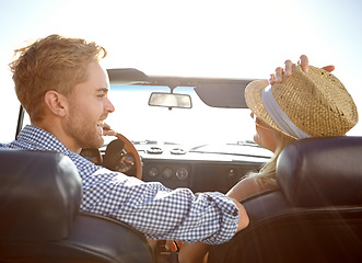 Image showing Car road trip, travel and back of couple on bonding holiday adventure, transportation journey or fun summer vacation. Love flare, convertible automobile and driver driving on Canada countryside tour