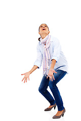 Image showing Stress, wtf and woman looking up in studio, surprise and shocked against white background space. Confused, girl and doubt by model feeling desperate, anxiety and pressure, mental health and isolated