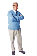 Image showing Elderly man, smile in portrait with retirement, life insurance and glasses, mockup isolated on white background. Pensioner, happy old man and positive mindset, vitality and senior with arms crossed