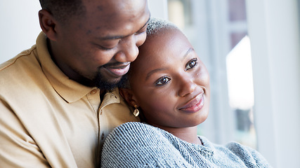 Image showing Happy couple, morning coffee and hug to show love and care while looking out hotel, apartment or bedroom window on honeymoon vacation. Happy black man and woman showing commitment and romance