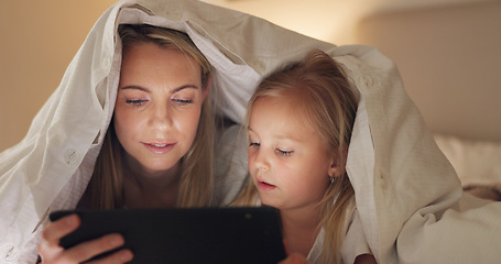 Image showing Tablet, mother and girl with bedroom blanket fort at night in house on education website, learning or study game. Woman, child and digital technology in family home for internet ebook bedtime bonding