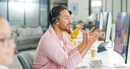 Image showing CRM, customer service or consultant business man with life insurance telemarketing, help or communication. Tech sales advisor, call center or employee for contact us, consulting or customer support