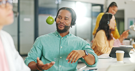 Image showing Call center, consulting or black business man with apple on computer for telemarketing, customer service contact us. Communication, sales or crm employee at help desk with fruit for technical support