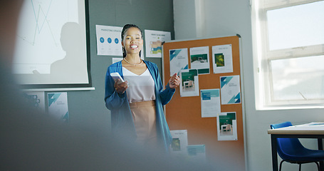 Image showing Presentation, business black woman and seminar for data analytics, profit review or growth strategy workshop. Marketing stats, sales charts and speaker or presenter on projector training an audience