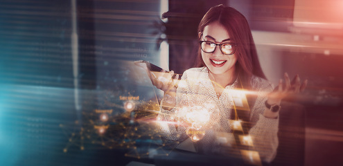 Image showing Digital, hologram and cyber security with a business woman in a dark office working late at night on programming. Overlay, cloud computing and programming with a female developer at work on software