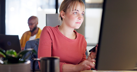 Image showing Contact us, lead generation and woman with smartphone, computer and typing on keyboard using customer information. Crm company, online communication and girl in office of Australia marketing business