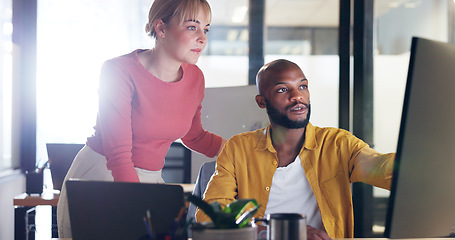 Image showing Corporate black man, woman and point at computer, schedule or planning for learning at marketing job. Mentor, teaching and help for man, employee and reading on pc, internet or social media for SEO