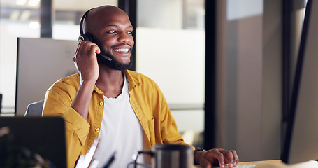 Image showing Call center, customer service and black man consultant in the office doing a consultation online. Contact us, ecommerce sales professional and male telemarketing agent working on a crm