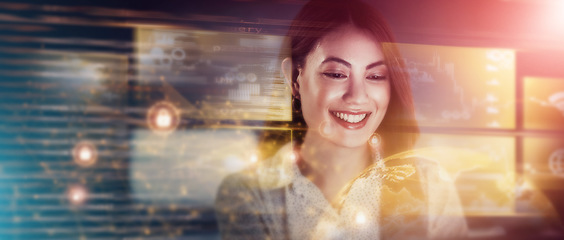 Image showing Business woman, futuristic overlay and global investment overlay at night with corporate work. Digital data, happy employee and financial worker working with ux information technology with a smile