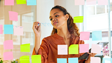 Image showing A female designer planning ideas on a glass wall with colorful sticky notes inside a modern and creative office. Busy business woman enjoying her job while brainstorming projects and managing project