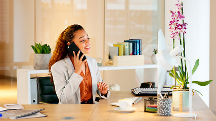 Image showing Human resource manager talking on a call with employee explaining a strategy or contract. Female hr assistant scheduling an interview or meeting with a client while sitting at computer desk inside