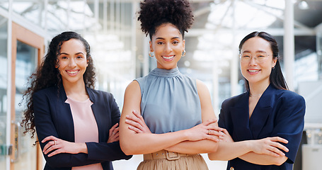 Image showing Empowerment, pride and portrait of team of women at creative marketing startup company. Teamwork, diversity and smile, confident group of happy women and ideas in advertising industry in office lobby