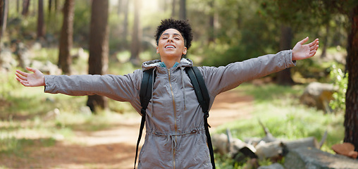 Image showing Beauty, sunshine and freedom for girl hiking in nature forest or woods for peace, fitness exercise or training workout. Travel adventure, wellness journey or black woman trekking in Amazon Rainforest