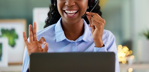 Image showing Customer service, laptop and ok hand sign for support, sales or telemarketing in office. Face of receptionist or consultant person happy about communication, approved loan or contact us help desk