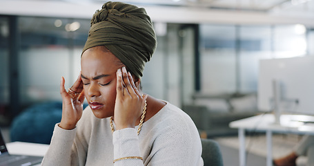 Image showing Black woman, stress headache or call center headset in telemarketing coworking office, customer support company or consulting startup. Receptionist, contact us computer or technology worker burnout