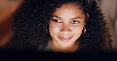 Image showing Happy, night office and business woman with a computer working overtime on a project in modern workplace. Corporate, professional and manager from Mexico planning a company strategy report with smile