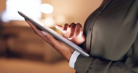 Image showing Business, scrolling and hands of woman with tablet reading news, research and website content. Technology, digital gadget and businesswoman working online and browsing internet at night in the office