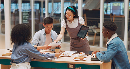 Image showing Diversity students, restaurant and team with tablet working on collaboration project at shopping mall cafe store. retail coffee shop meeting, teamwork or digital report presentation from girl speaker