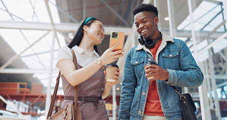 Image showing Shopping mall, smartphone and couple of friends on social media, website or blog for discount, sales and travel communication. Diversity gen z people walking, using phone or cellphone and coffee cup