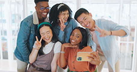 Image showing Smile, friends and selfie with business people and phone for teamwork, diversity and support. Social media, community and technology with employee in startup for internet, creative and networking