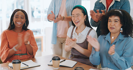 Image showing Success, applause or people in a meeting or presentation celebrate team goals, target or kpi sales performance. Community, diversity or happy crowd of employees clapping to support business growth