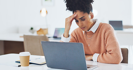 Image showing Business, stress and woman with laptop, tired and overworked in office, burnout and stress with mental health. Female, girl and administrator with fatigue, frustrated and online work for schedule.