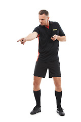 Image showing Sports referee, man and hand warning while pointing for soccer rules, penalty or fail in studio. Fitness coach sign for mistake, error or caution for competition game isolated on a white background